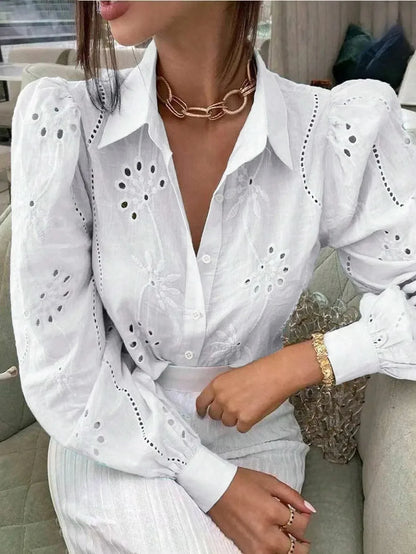 White Long Sleeve Buttons Shirt Women 2024 Autumn Casual Solid Offie Embroidery Women's Tops Blouse Shirts Top Femme Camicette
