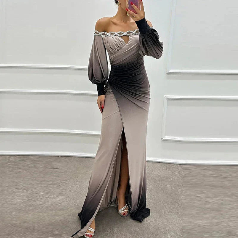Fashion Patchwork High Waist Dress  Casual Contrasting Color Pleated Slim Long Dress New Off Shoulder Lantern Sleeve Party Dress