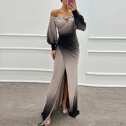 Fashion Patchwork High Waist Dress  Casual Contrasting Color Pleated Slim Long Dress New Off Shoulder Lantern Sleeve Party Dress