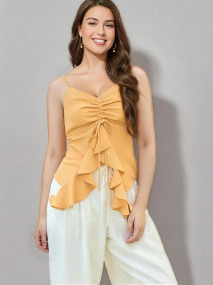 Irregular Ruffle Strappy Top Solid Color Summer Vest