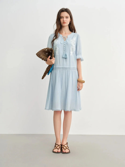 Bohemian Embroidered Midi Dress with Tassel Straps