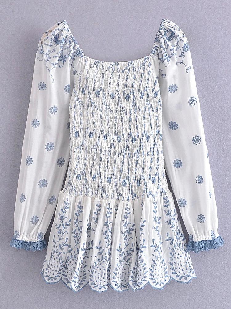2022 Fashion Women Floral Hollow Out Embroidery Elastic Mini Dress Vintage Long Sleeve Female Super-Short Dress Summer Robe
