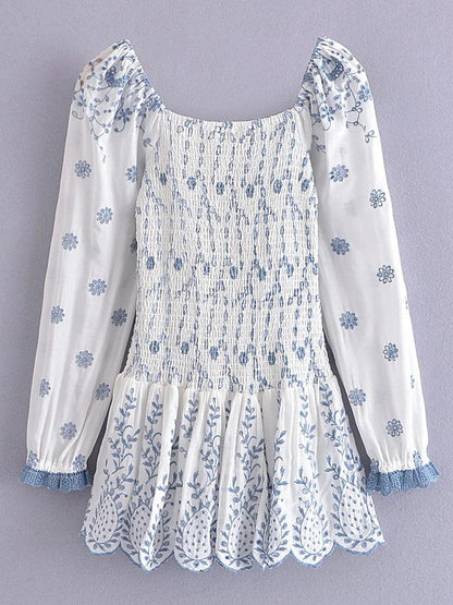 2022 Fashion Women Floral Hollow Out Embroidery Elastic Mini Dress Vintage Long Sleeve Female Super-Short Dress Summer Robe