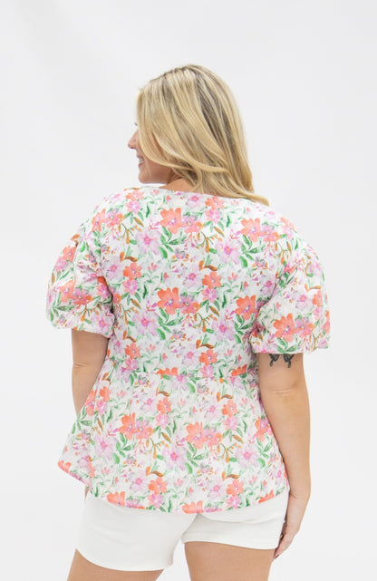 Puff Sleeve Blouse, Watercolor Flowers