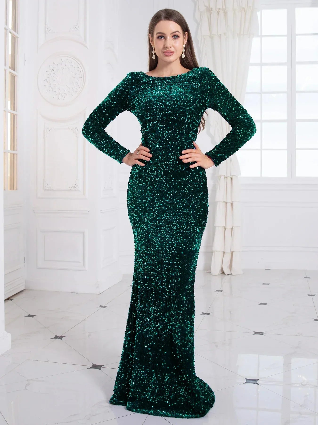Kisscc Royal Blue Stretch Sequin Floor Length Evening Night Dress Full Sleeve Bodycon Black Mermaid Party Dress