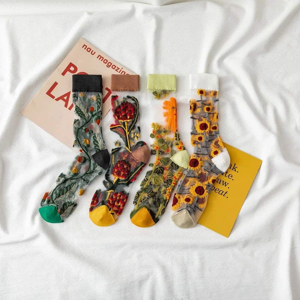 BotaniBabe Sheer Bloom Socks – Embroidered Crystal Silk Socks
