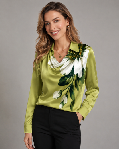 Satin Cowl Neck Long Sleeve Blouse - Elegant Collared Silk-Like Work Office Shirt
