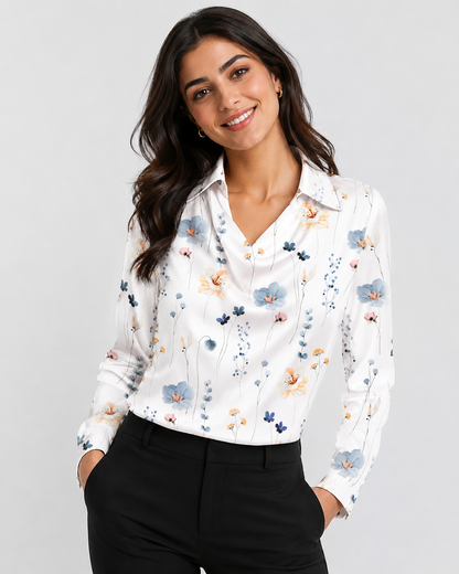 Satin Cowl Neck Long Sleeve Blouse - Elegant Collared Silk-Like Work Office Shirt