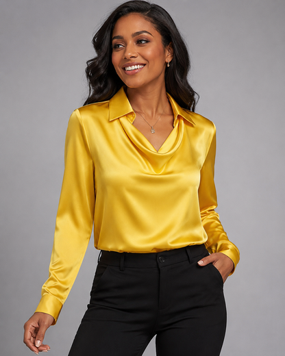 Satin Cowl Neck Long Sleeve Blouse - Elegant Collared Silk-Like Work Office Shirt