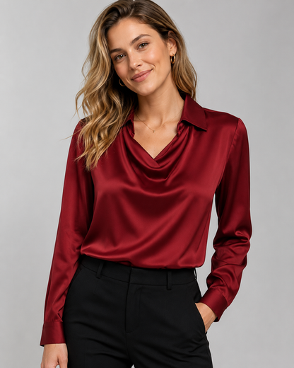 Satin Cowl Neck Long Sleeve Blouse - Elegant Collared Silk-Like Work Office Shirt