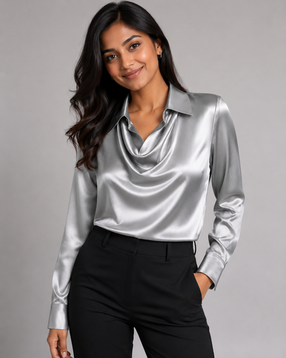 Satin Cowl Neck Long Sleeve Blouse - Elegant Collared Silk-Like Work Office Shirt