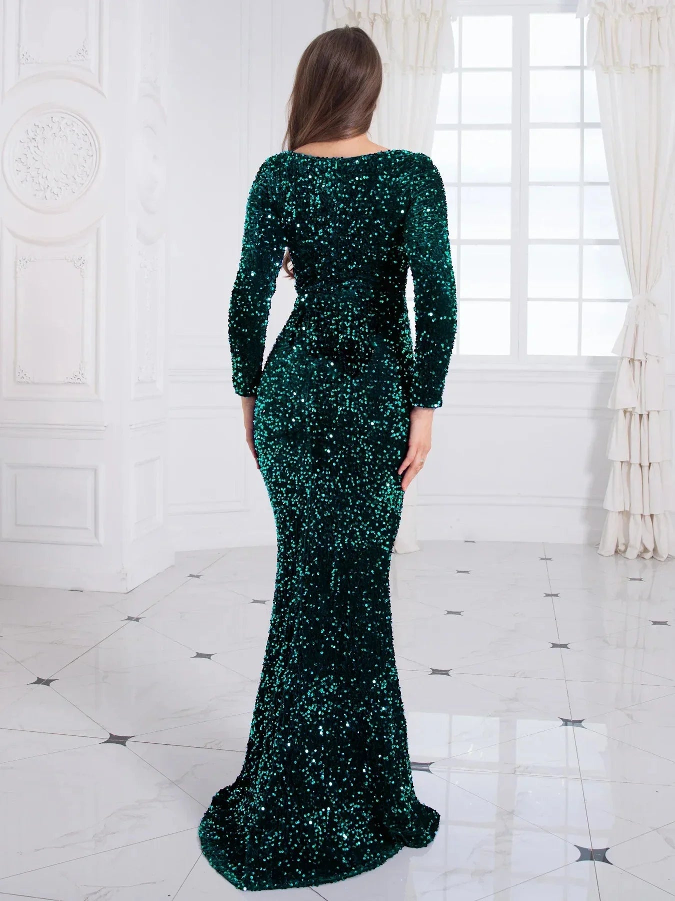 Kisscc Royal Blue Stretch Sequin Floor Length Evening Night Dress Full Sleeve Bodycon Black Mermaid Party Dress