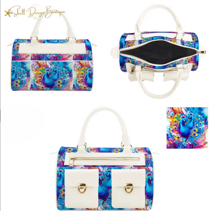 Beautiful Blue Peacock Chubby Multi-Pocket Handbag with Dual Handles