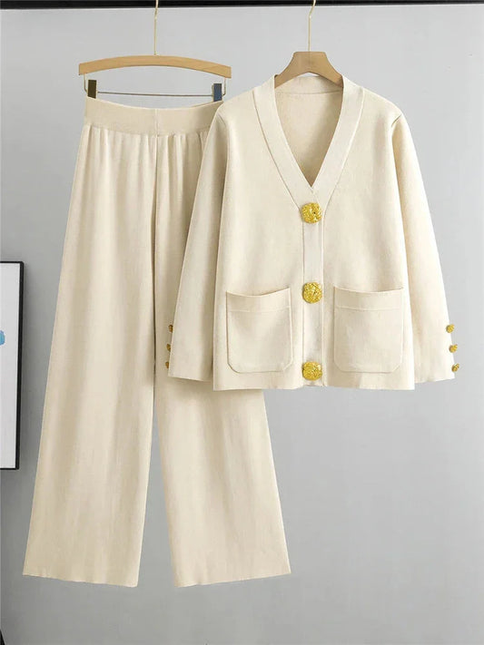Autumn Winter Women Knit 2 Piece Set New Large Gold Button V-neck Cardigan Coats+High Waist Baggy Wide Leg Pants Sweater Suits