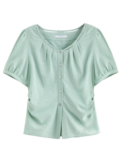 Pleated Short-Sleeve Shirt + Slim Skirt for Summer.