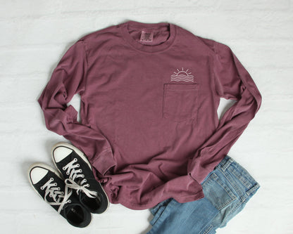 Sun & Wave Lake Beach Vacation Pocket Comfort Colors Long Sleeve Shirt
