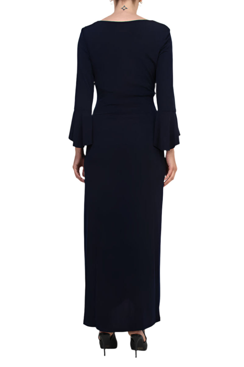 Connected Apparel Boat Neck Circular Flounce Sleeve Gathered Side Solid ITY Gown