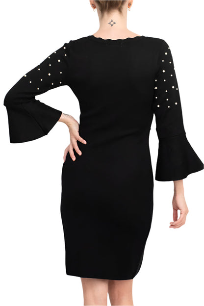 London Times Scoop Neckline Delicate Ruffles Pearl Detailing Valoria Knit Dress