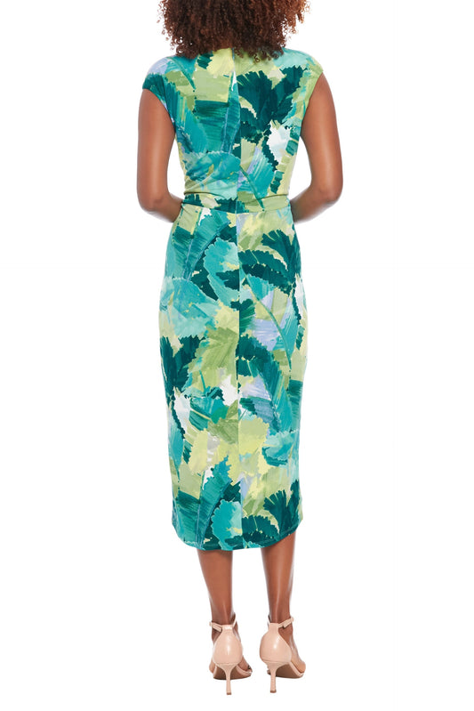 London Times Keyhole Neckline Sleeveless Waist Tie Tulip Hem Sheath Silhouette Midi Dress