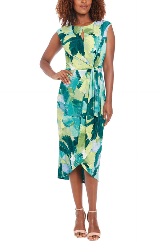 London Times Keyhole Neckline Sleeveless Waist Tie Tulip Hem Sheath Silhouette Midi Dress