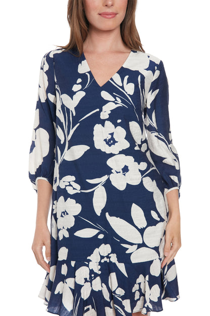 London Times V-Neckline Bishop Quarter Sleeves Gathered Cuffs Side Seam Pockets Subtle Flounced Ruffle Hem Dress