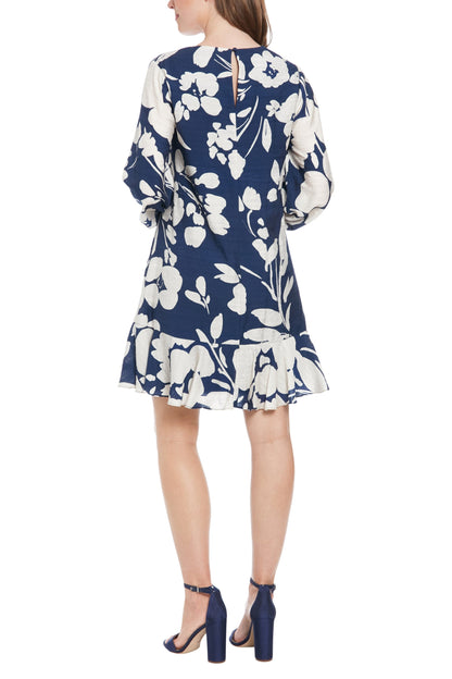 London Times V-Neckline Bishop Quarter Sleeves Gathered Cuffs Side Seam Pockets Subtle Flounced Ruffle Hem Dress