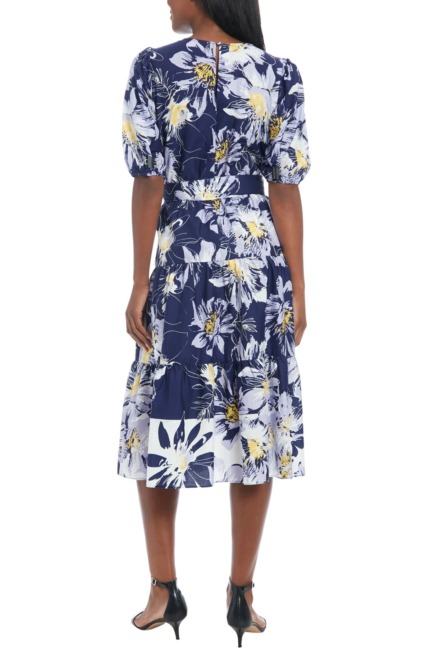 London Times Pip Printed Jewel Neckline Puff Sleeves Waist Tie Tiered Skirt Midi Dress