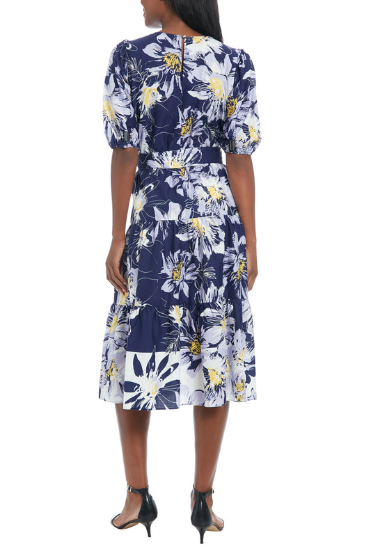 London Times Pip Printed Jewel Neckline Puff Sleeves Waist Tie Tiered Skirt Midi Dress