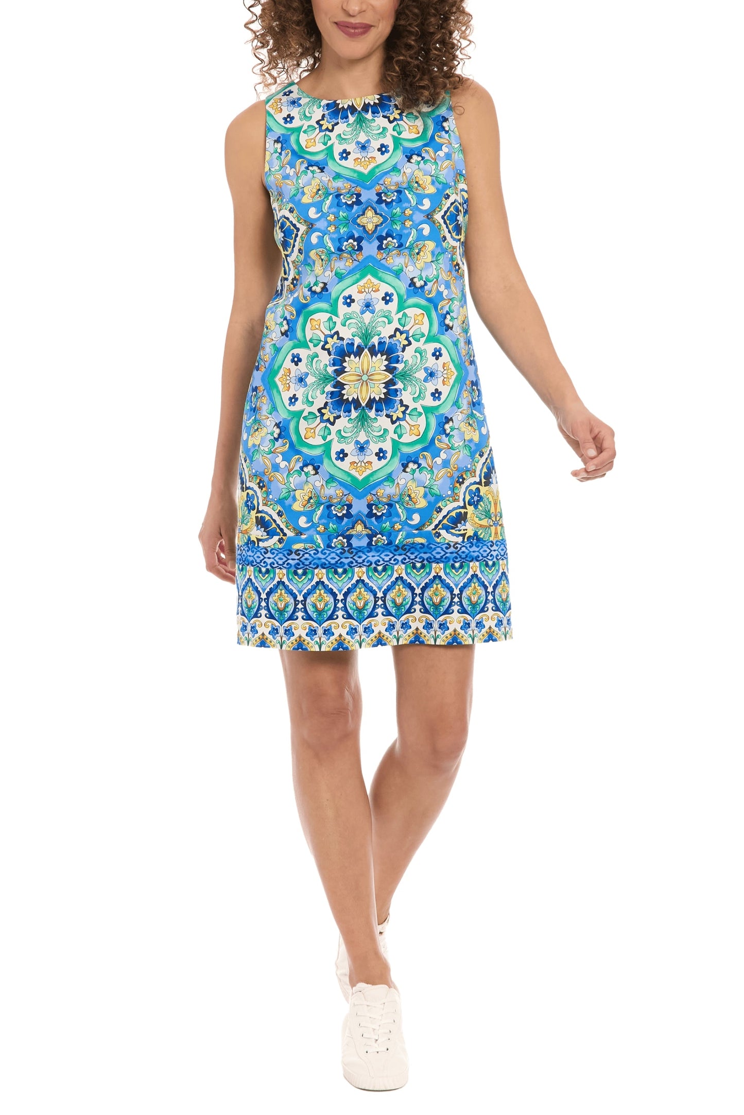 London Times Artistic Flair Jewel Neckline Sleeveless Shift Silhouette Mini Dress
