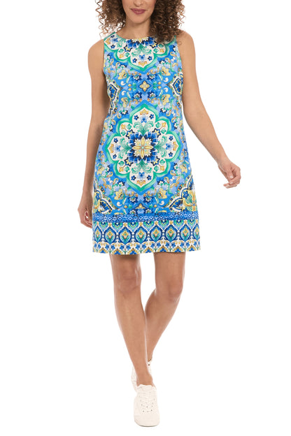 London Times Artistic Flair Jewel Neckline Sleeveless Shift Silhouette Mini Dress