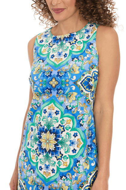 London Times Artistic Flair Jewel Neckline Sleeveless Shift Silhouette Mini Dress