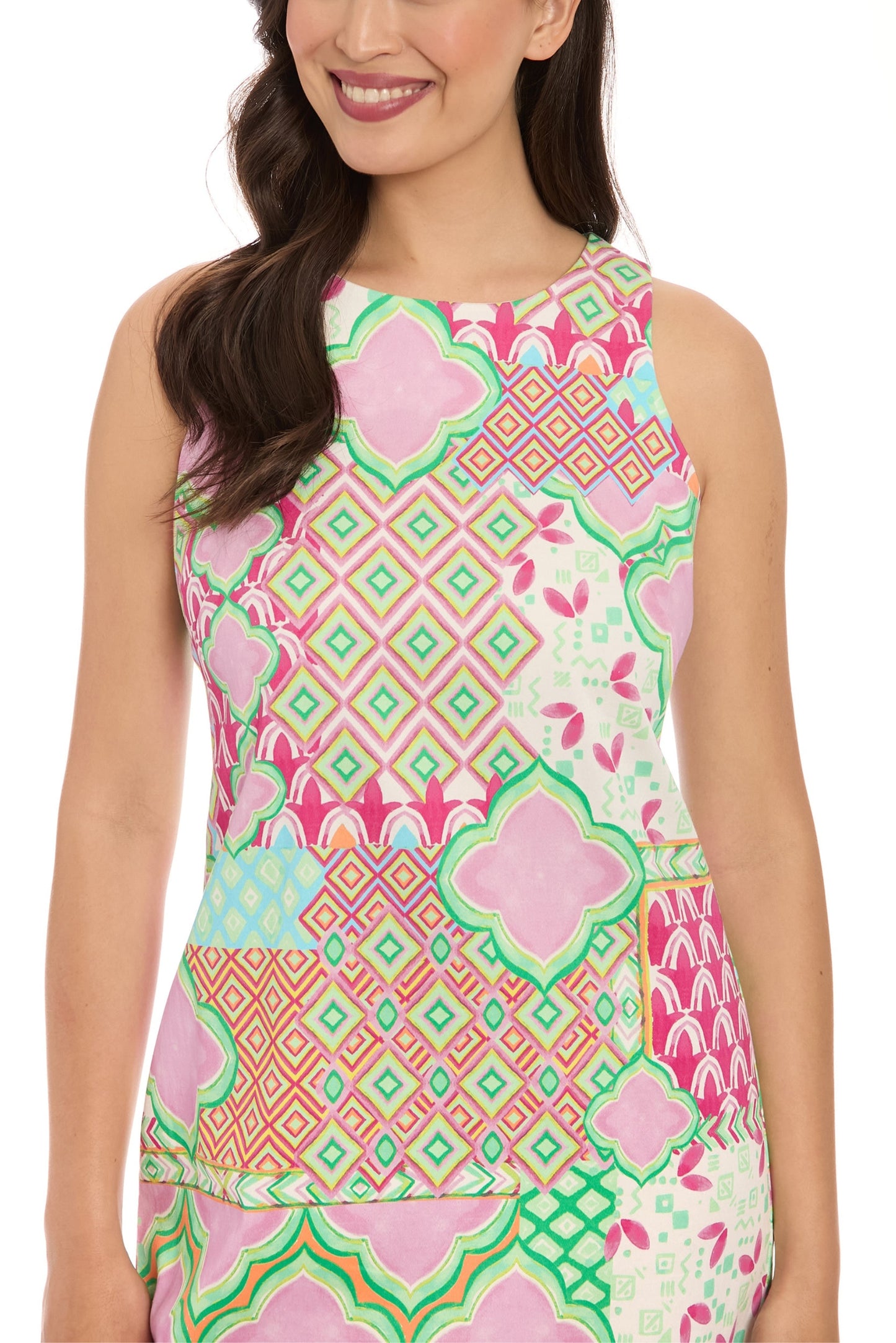 London Times Modest Crew Neckline Sleeveless Streamlined Silhouette Shift Dress