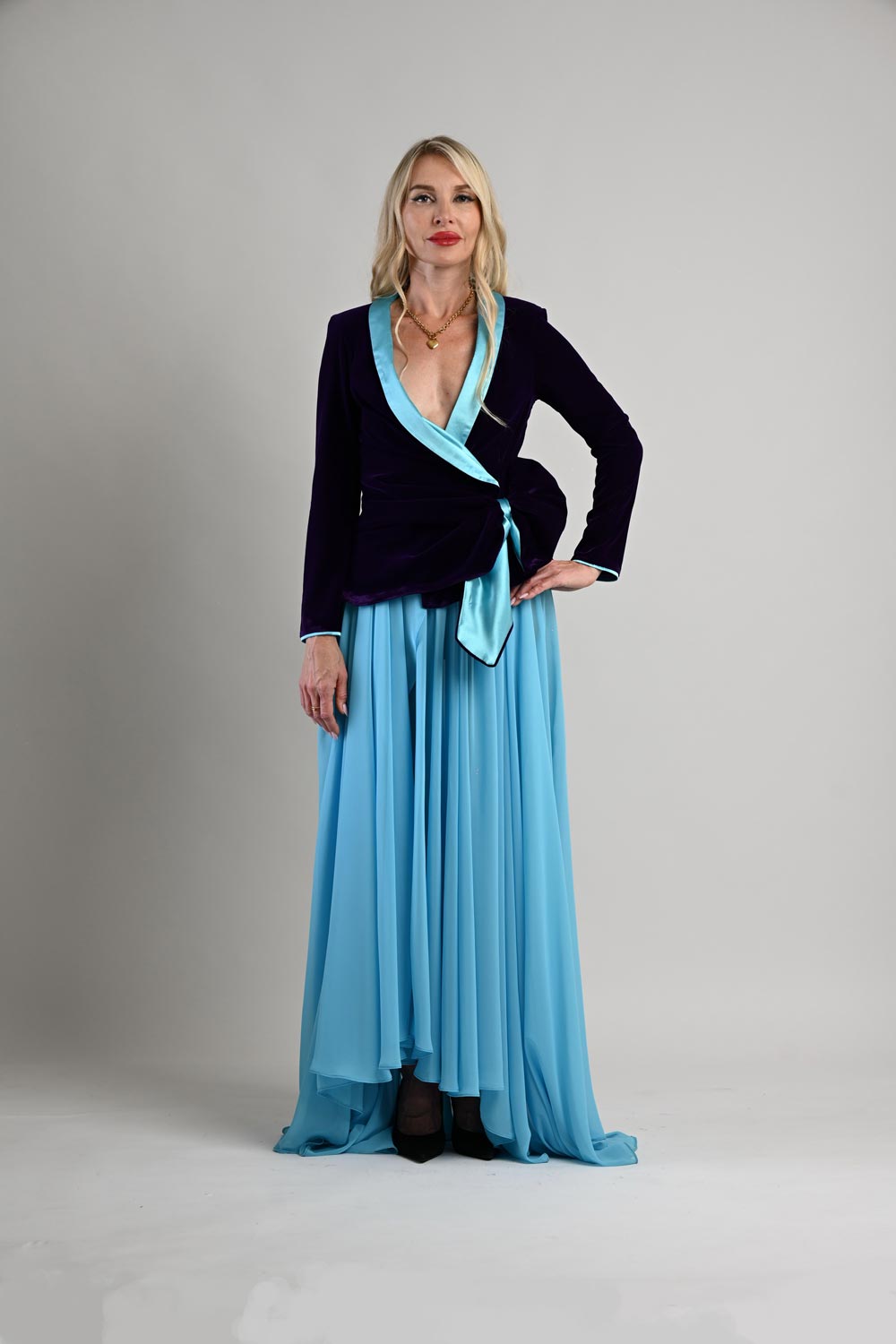Satin Velvet Wrap Jacket with Turquoise Bow