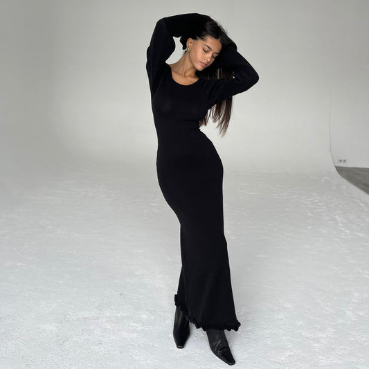 Vanilla Kiss Black Cloud-Knit Open Back Maxi Dress