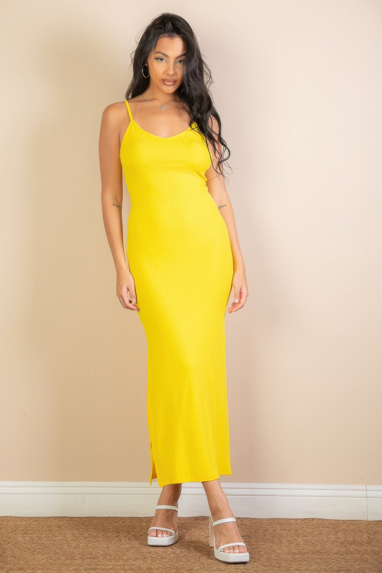 Ribbed Side Slit Long Cami Dress See size chart under “more details”