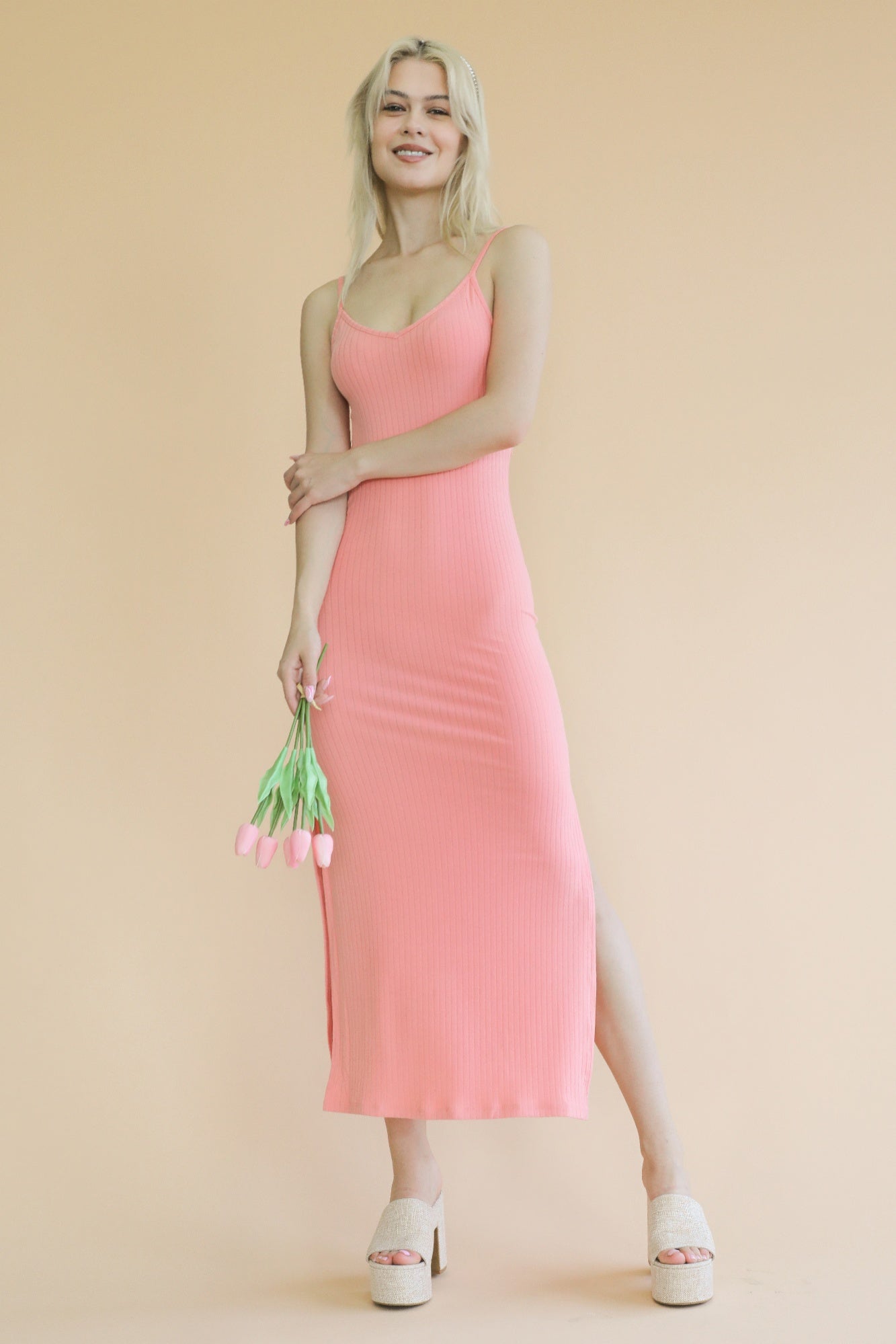 Ribbed Side Slit Long Cami Dress See size chart under “more details”
