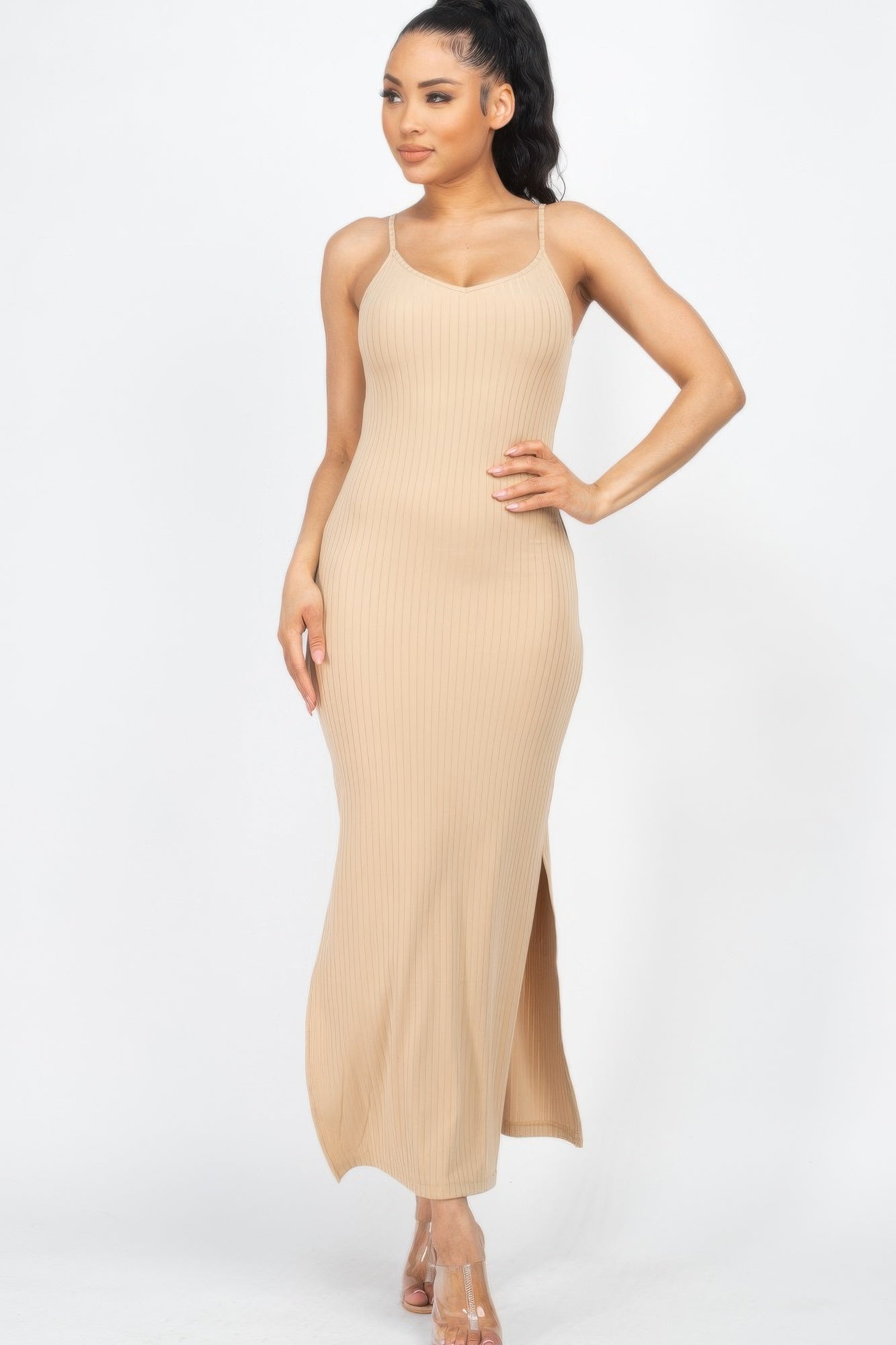 Ribbed Side Slit Long Cami Dress See size chart under “more details”