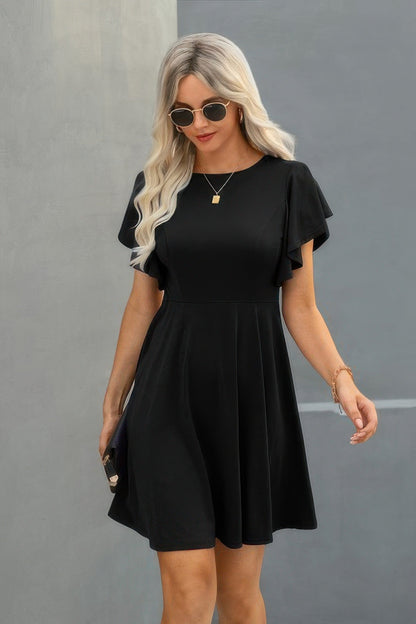 Crew Neck Ruffled Short Sleeve Solid Dress See size chart under “more details”