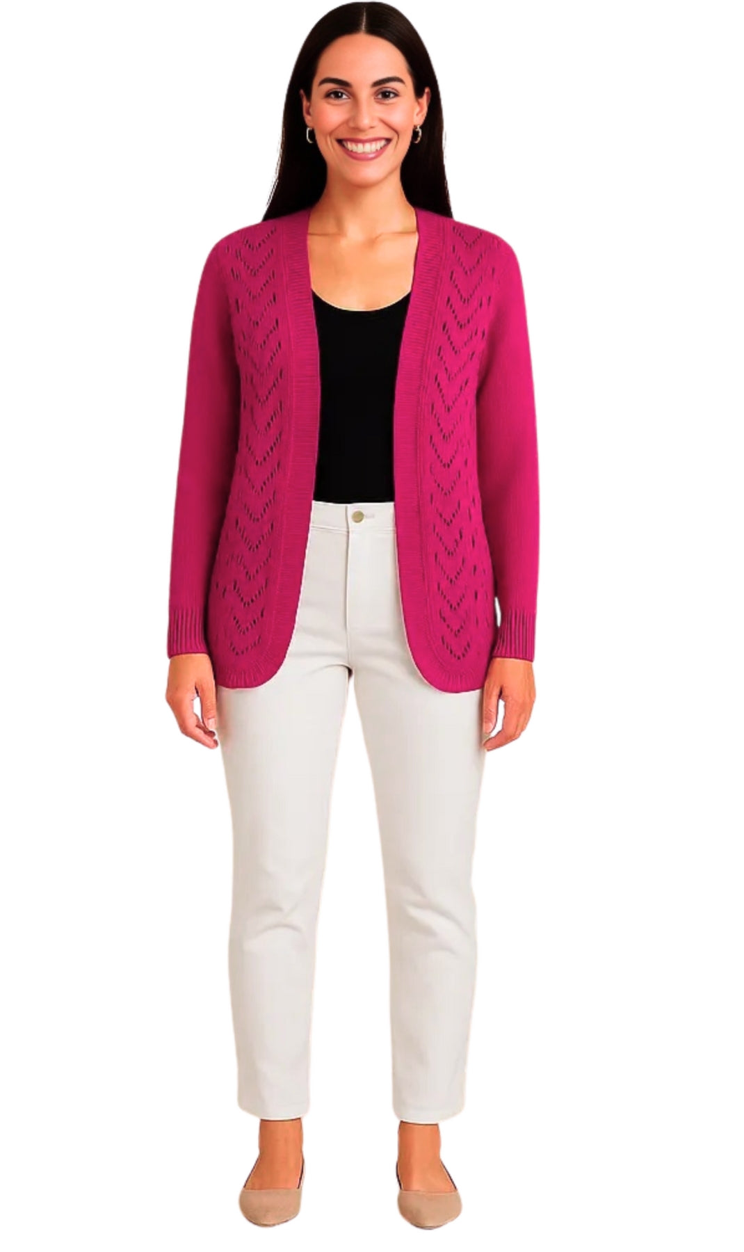 Women's Open Front Curved Hem Pointelle Shrug in Soft Acrylic
