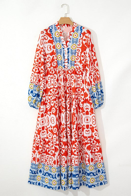 Lenora Boho Geometric Printed Long Sleeve Maxi Dre