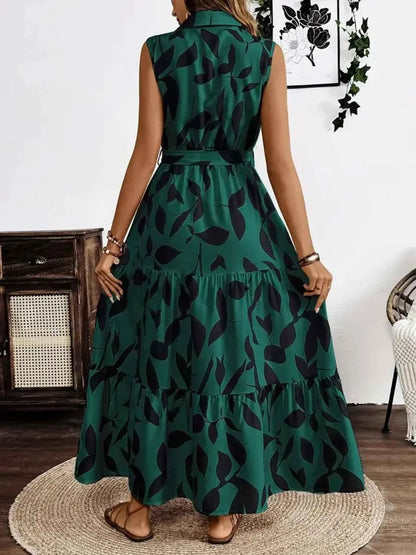 Printed Maxi Dress with Tie Waist - Sleeveless Elegance