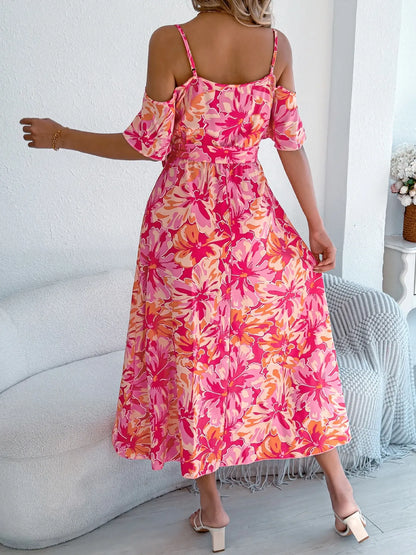 Printed Cold Shoulder Midi Cami Dress