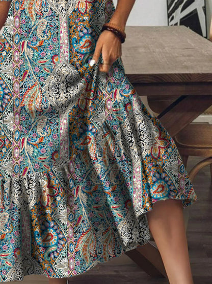 Bohemian Paisley Print V-Neck Midi Dress