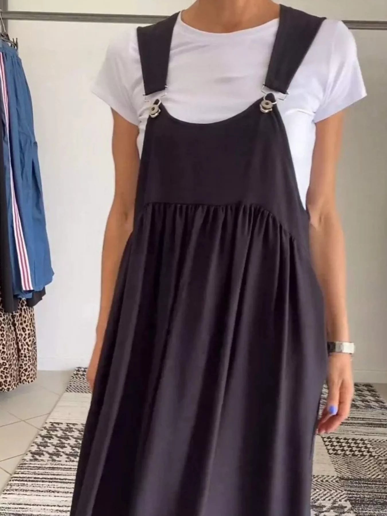 Ruched Wide Strap Overall Maxi Dress