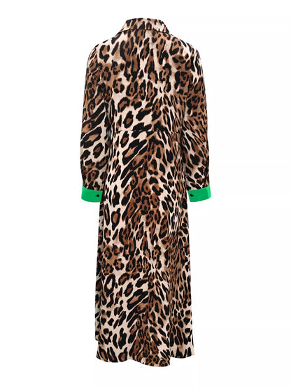 Leopard Print Long Sleeve Shirt Dress with Contrast Trim