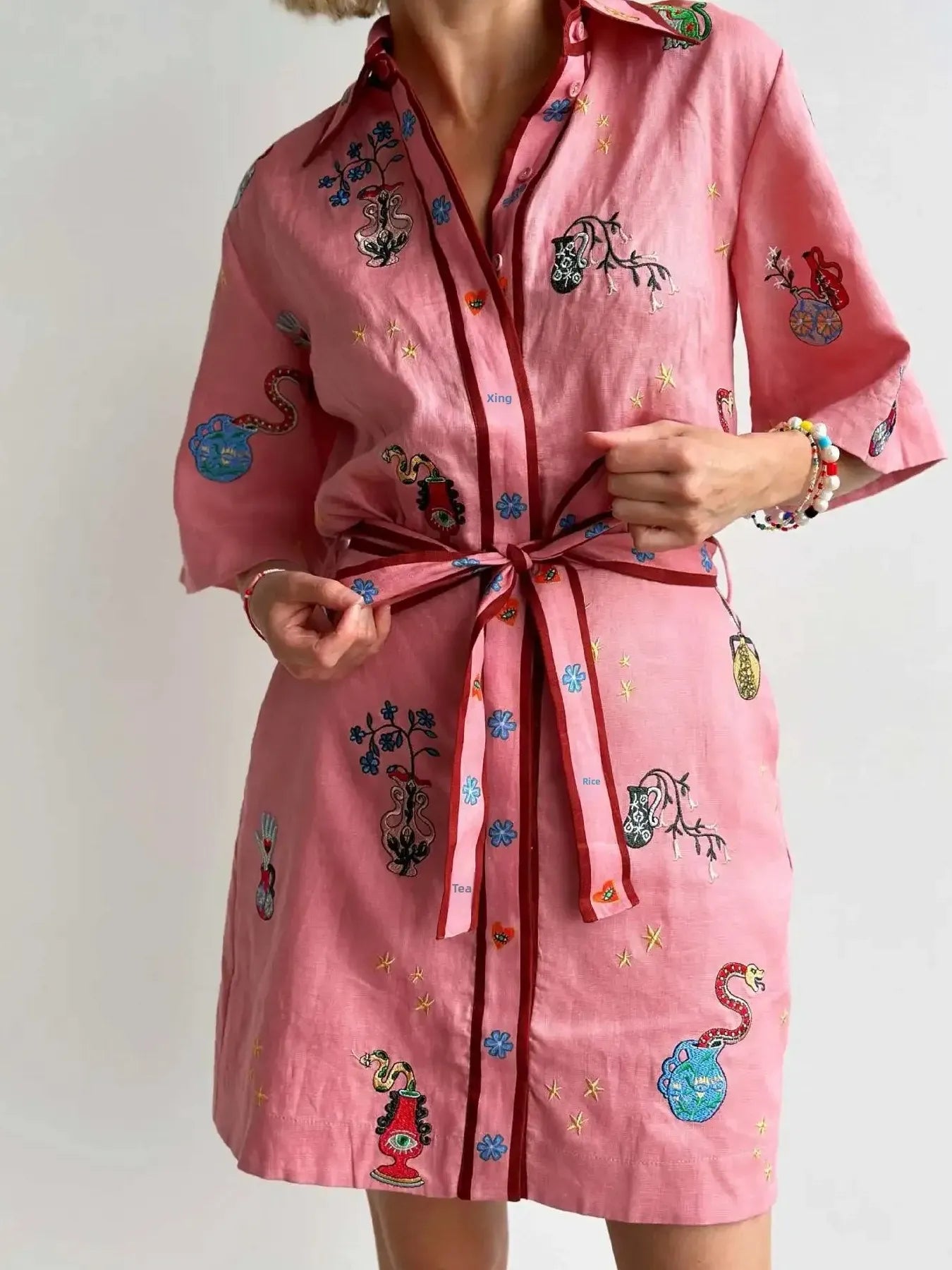 Embroidered Tie Waist Shirt Dress