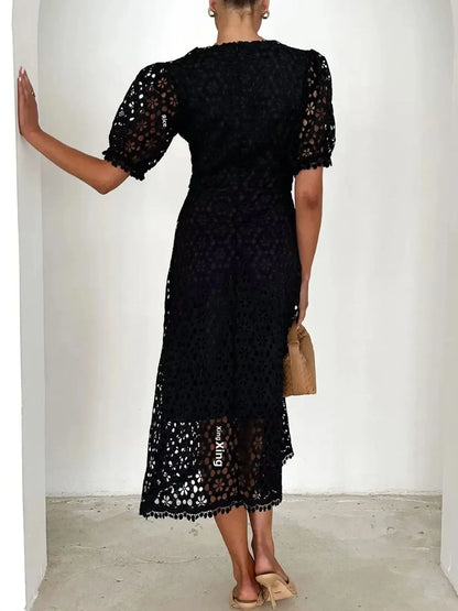Eyelet Lace V-Neck Midi Dress with Puff Sleeves
