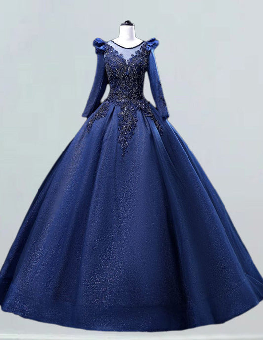 Navy Lace Applique Tulle Evening Gown | Scoop Neck Prom & Bridesmaid Dress