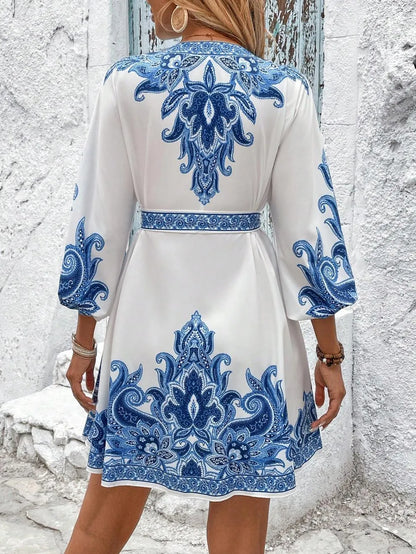 Paisley V-Neck 3/4 Sleeve Mini Dress