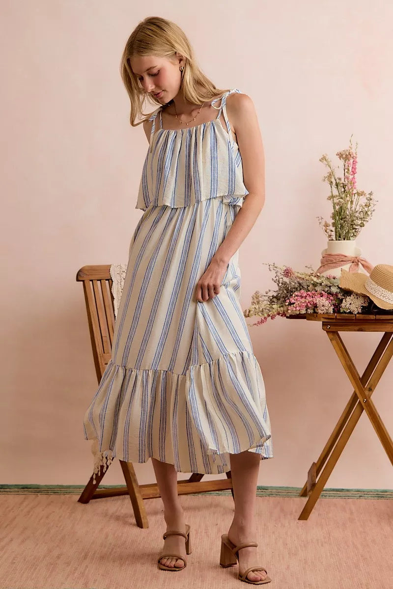 Stripe Tiered Shoulder Tie Midi Lined Dress